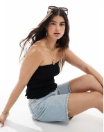 shirred bandeau top in linen blend in black