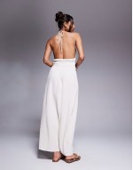 halterneck shirred maxi dress in stone