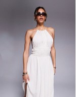 halterneck shirred maxi dress in stone