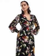button front midaxi dress with tie back in black based floral with gold fleck