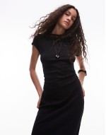 cap sve fine ribbed midi dress in black